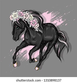 Beautiful horse with flowers in the mane. Fairy-tale and mythical character. Horse with a mane. Ready design postcards, poster or print on fabric or clothing. Vector. Magic and fairy tale.