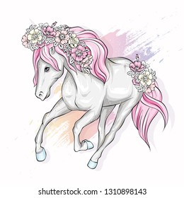 Beautiful horse with flowers in the mane. Fairy-tale and mythical character. Horse with a mane. Ready design postcards, poster or print on fabric or clothing. Vector. Magic and fairy tale.