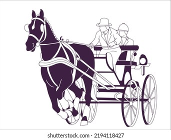 Beautiful horse galloping with carriage. Horse combined driving. Elegant horse driving carriage, equestrian sport horse driving trials. Isolated white background. 