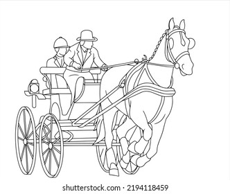 Beautiful horse galloping with carriage. Horse combined driving. Elegant horse driving carriage, equestrian sport horse driving trials. Isolated white background. 