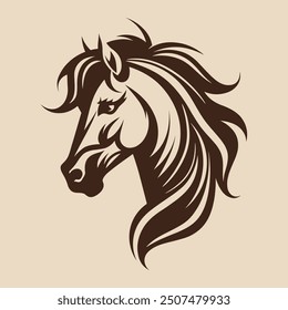 Beautiful horse head logo isolated on beige background. Horse mane silhouette. Wild animal. Easy editable vector illustration.