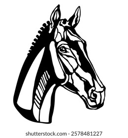 Beautiful horse head silhouette. Horse portrait black and white. Vector illustration, isolated on white background. Stallion horse, template for logo, design, tattoo, stencil and laser cutting