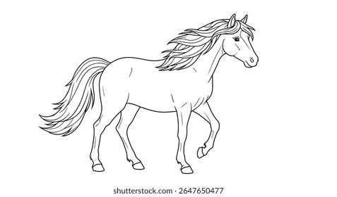 Página de coloração de ilustração de cavalo bonito projetado para crianças com um detalhe de juba fluente elegante longo