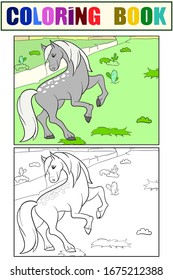 Beautiful horse playing in the meadow, reared. Set, example color picture and coloring book. Vector illustration.