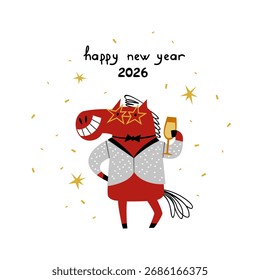 Un hermoso caballo en una chaqueta brillante se para con un vaso. Vector ilustración dibujada a mano para el Nuevo año 2026.
