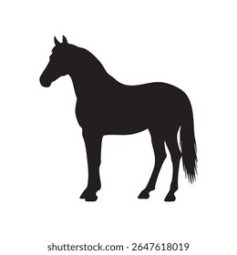 A beautiful horse stands in profile, rendered in a striking black silhouette style against a white background.