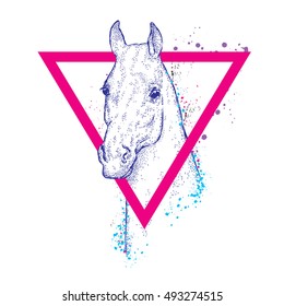 Beautiful horse with a triangle. Vector illustration for greeting card, poster, or print on clothes. Fashion & Style. Hipster. Hand drawing.