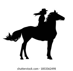 beautiful horseback cowgirl - woman riding standing horse black and white vector silhouette outline