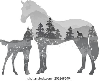 Beautiful horses with a landscape inside. Vector illustration, black and white 