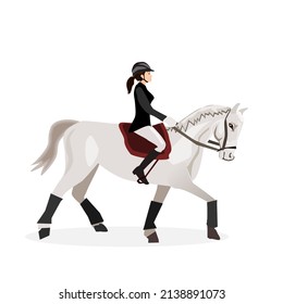 A beautiful horsewoman riding a white horse.White trousers, black shoes and a helmet.Isolated vector illustration on a white background.female horse rider.