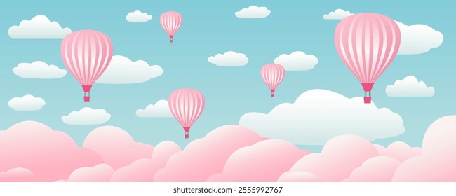 Beautiful hot air balloons and clouds landscape. Balloons fly among the clouds in the sky. Pink balloons and amazing clouds. Vector illustration for design, poster, postcard or print.