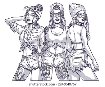 Beautiful hot girls monochrome sketch models are in shorts and bra or topic with tattoo on body isolated vector illustration