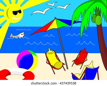 Beautiful hot summer holiday scenery in tropical environment with mayonnaise, mustard and ketchup bottles