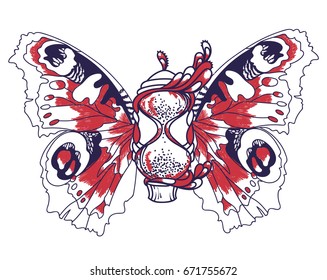 beautiful hourglass with butterfly wings, artistic vector illustration in sketch style