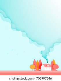 Beautiful house in Autumn season paper cut style background vector illustration
