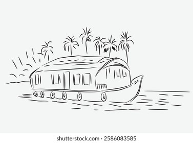 Beautiful House Boat and Nature Scenery Background Famous Backwaters Drawing.Kerala Nature Vector illustration