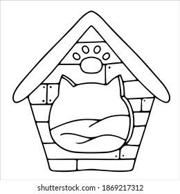 Beautiful house for a cat or dog. Accessories for pets. An element from a set of doodles drawn by hand. Isolated illustration on a white background.