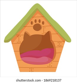 Beautiful house for a cat or dog. wooden house with a green roof. Accessories for pets. An element from a set of doodles drawn by hand. Isolated illustration on a white background.