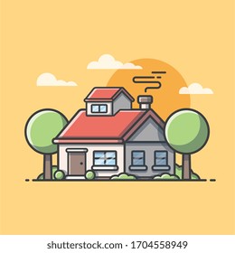 Beautiful House with Clouds and Sunset. Vector Illustration. Home Building Architecture Icon. Sunset Home. Flat Cartoon Style Suitable for Web Landing Page, Banner, Flyer, Sticker, Card, Background