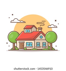 Beautiful House with Clouds and Trees. Vector Illustration. Home Building Architecture Icon. Sunset Home. Flat Cartoon Style Suitable for Web Landing Page, Banner, Flyer, Sticker, Card, Background