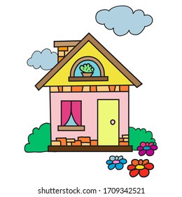 Beautiful House with Clouds. Vector Illustration. Home Building Architecture Icon.  Flat Cartoon Style Suitable for Web Landing Page, Banner, Flyer, Sticker, Card, Background