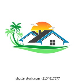 Beautiful House With Coconut Tree And Sunset Illustration Vector Logo