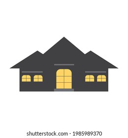 Beautiful house with dark gray roof and luxurious exterior, door and windows are glass. (Vector illustration on white background.