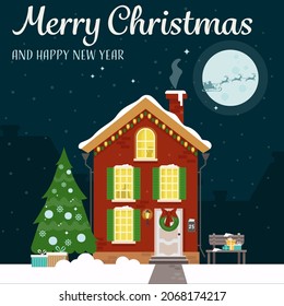 A beautiful house decorated for the holiday with a Christmas tree, a bench and gifts. Greeting card. Vector illustration in flat style.