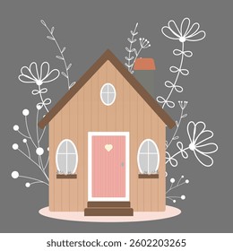 A beautiful house decorated with white flowers on a transparent background. Vector illustration for decorating notebooks, notebooks, fabric, children products and creativity. Illustration of a garden - Powered by Shutterstock - Get 15% off with code: PIKWIZARD15