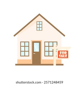 Beautiful house with a "For Sale" sign in a cartoon style on a white isolated background. The house is for sale, for rent, the house is being sold by a realtor. Real estate investment symbol