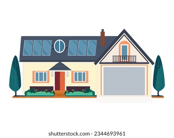 Beautiful house with garage and solar panel isolated on white, green energy, vector illustration