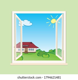 beautiful house and green summer nature behind open window - vector illustration
