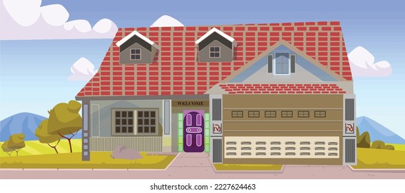 Beautiful House Illustration in greenery and sky