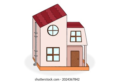 Beautiful house isolated on a white background. Red Roof with windows and door including pipe 