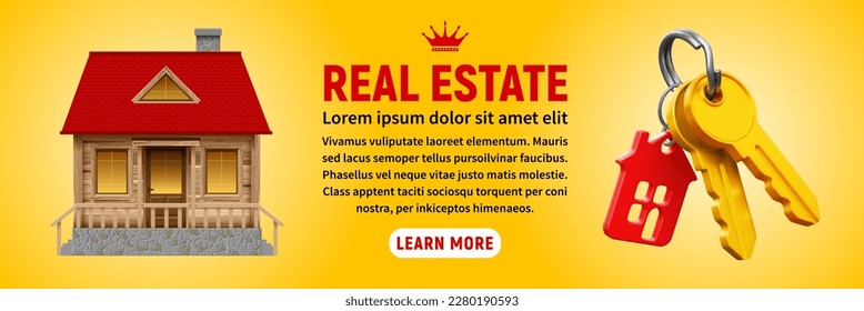 Beautiful house and keys with key chain. Banner template on real estate theme, buying, selling, protection, security, property insurance, yellow background. Vector 3d realistic illustration