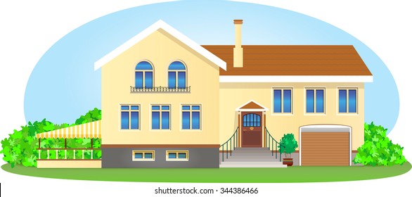 Beautiful  house in the middle of summer / A colorful illustration of a large house an intimate pavilion