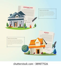 beautiful house with mortgage application form, loan form. agreement for a house in a real estate agent concept - vector illustration