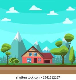 Beautiful house on the background of the mountains. Design of a country house among nature. Vector illustration