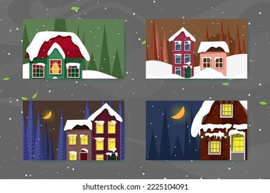Hermosa casa en invierno caída de nieve sobre feliz navidad y Año Nuevo, Casa Cuta con fondo de paisaje de nieve, ilustración vectorial