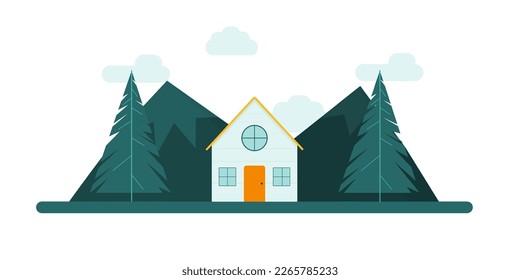 A beautiful house with a round window in the attic. A house in the mountains. Forest atmosphere. Vector illustration of a house among mountains and forest in flat style