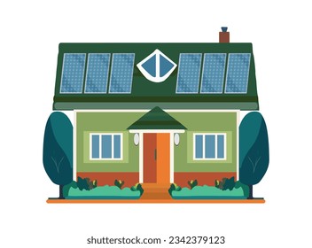 Beautiful house with solar panel isolated on white, green energy, vector illustration