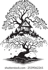 beautiful house and tree art