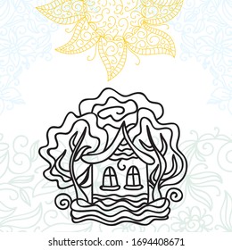 Beautiful house trees and sun. Vector illustration