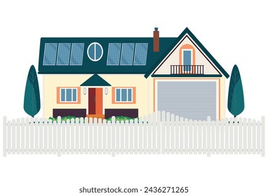 Beautiful house with white wooden fence and solar panels, vector illustration