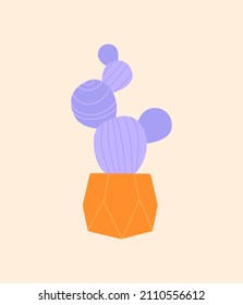 Beautiful Houseplant concept. Colorful poster with bright round cactus with appendages in orange polygonal pot. Organic design element for printing on paper. Cartoon flat vector illustration