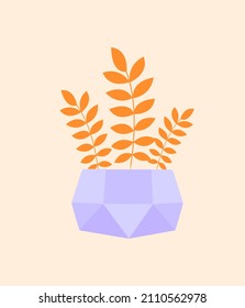 Beautiful Houseplant concept. Organic poster with long branches with yellow leaves in purple polygonal pot. Flower for decorating interior of house, room or apartment. Cartoon flat vector illustration