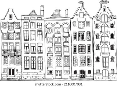 Beautiful houses in Amsterdam painted in sketch style with black and white by vector.  Suitable for print, postcard, sketchbook cover, poster, stickers, your design.