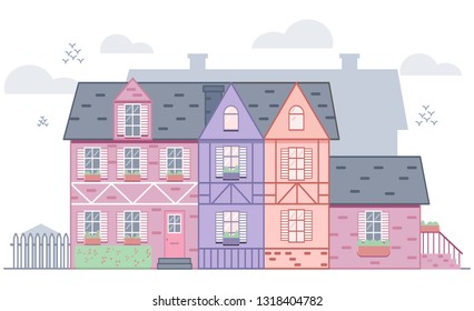 Beautiful houses in German style. Illustration of a street with houses colored in pink and purple. Can be used as a background. Illustration - vector.