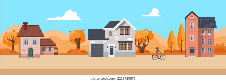 Beautiful houses on a city street, city view. Autumn cityscape. Autumn in the city.