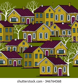 Beautiful Houses set with trees vector seamless pattern.